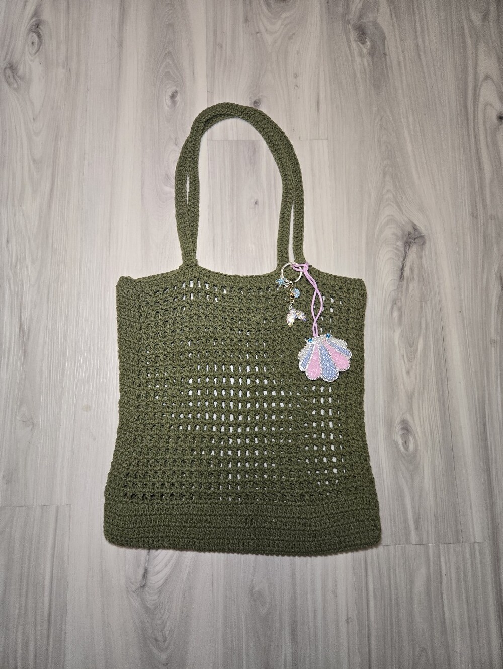 Urban Outfitters Crochet Knit Open Stitch Tote Shoulder Bag Olive Green + Keycha